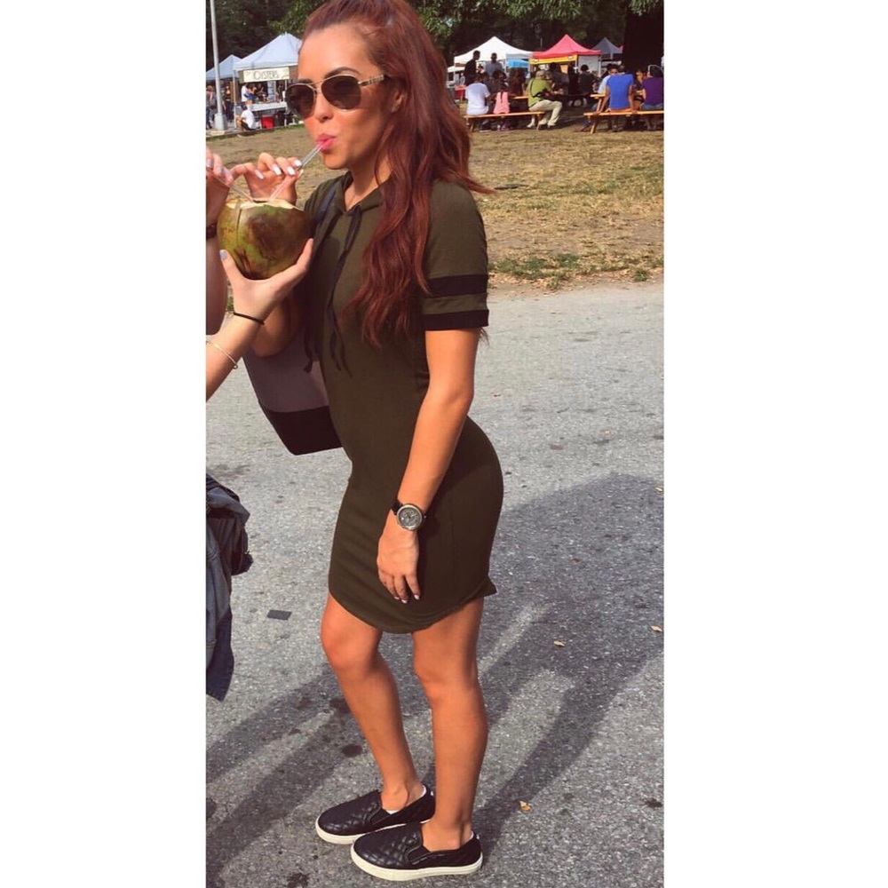 stretchy army green hooded t-shirt dress